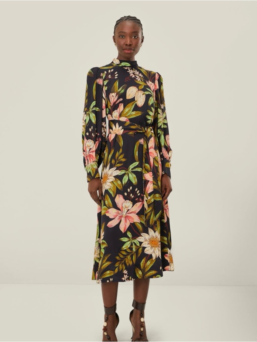 FARM Rio Black Midi Dress with Pink and Green Floral Print size Large